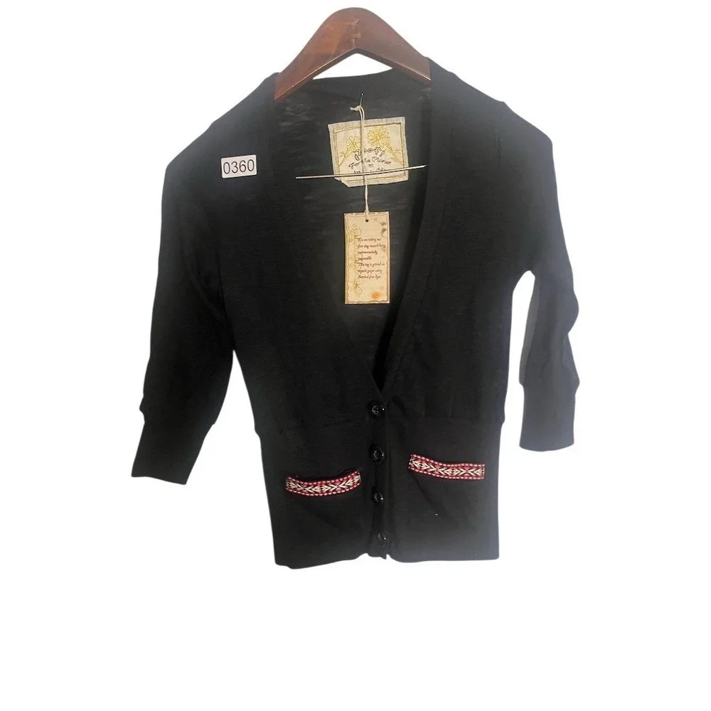 Poof Cardigan Sweater Womens M Black V-Neck 3/4 Sleeve Button Front‎